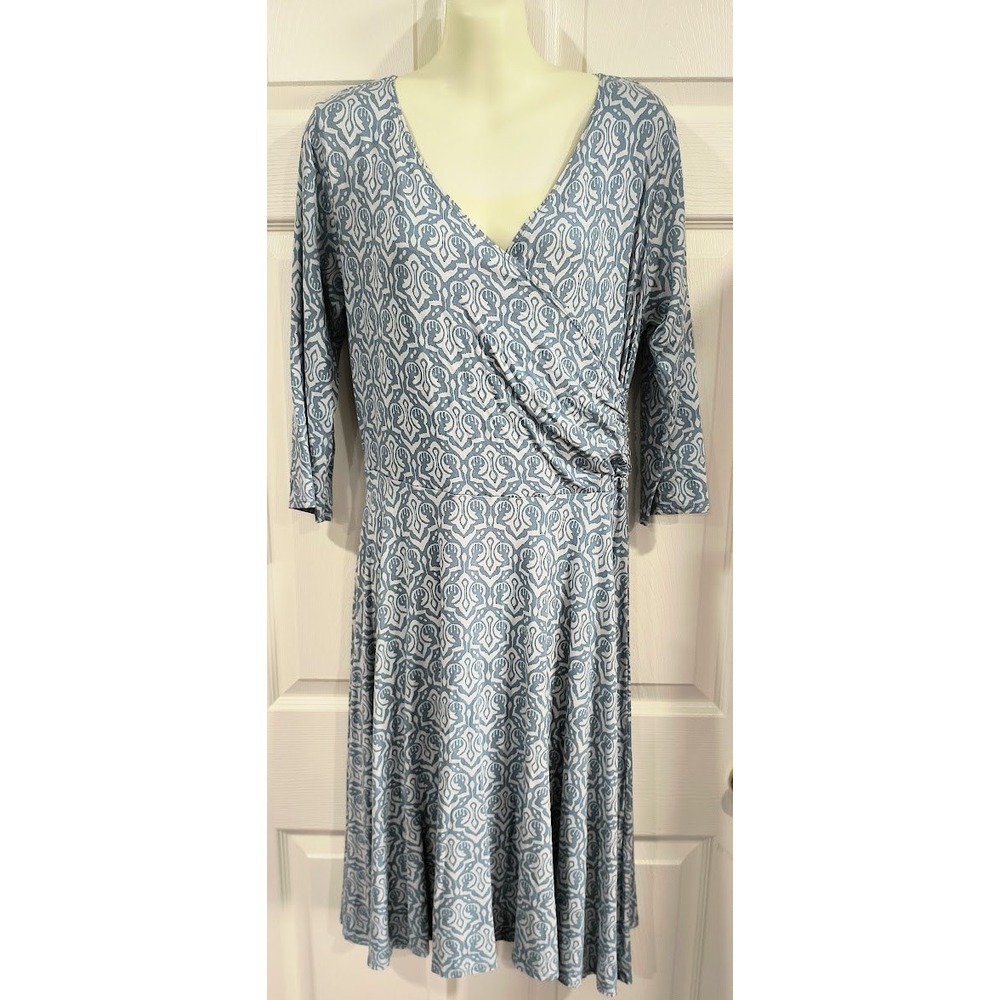 WindRiver Womens Blue White Geometric Below Knee Print Faux Wrap Ruched Dress L